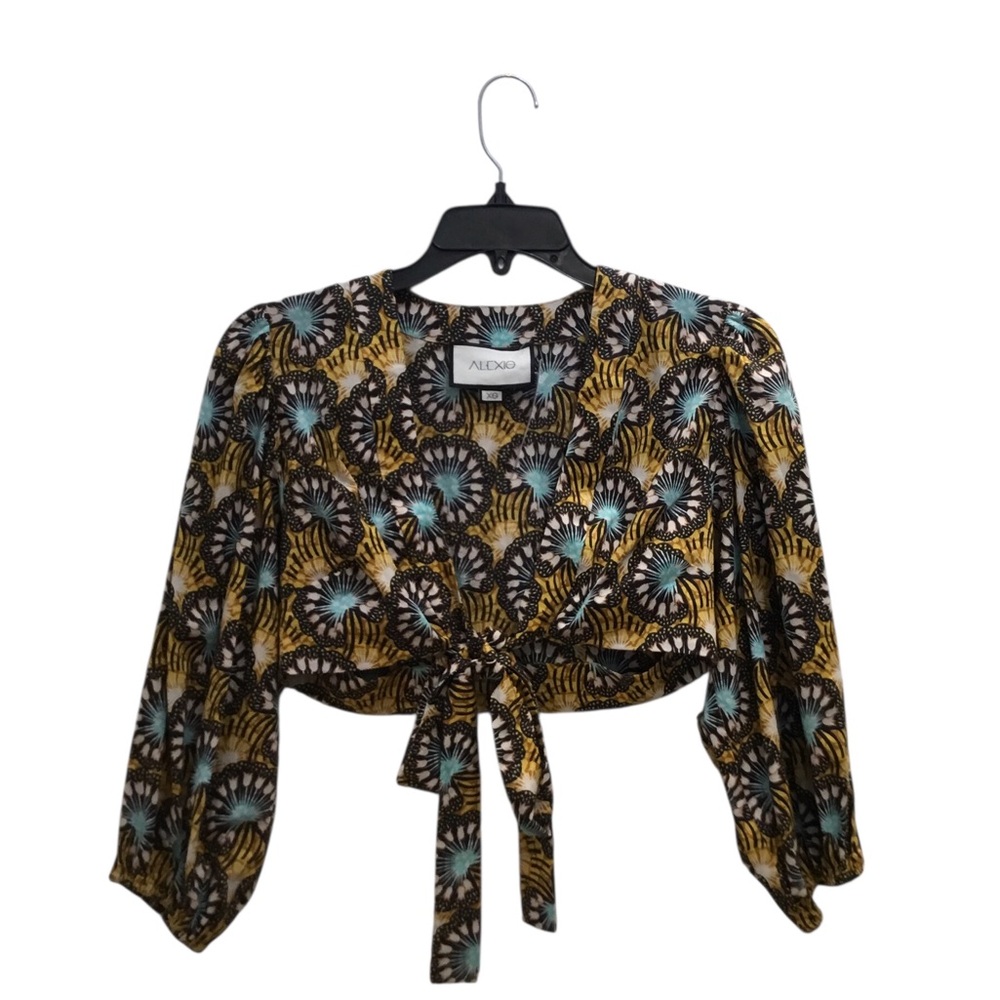 Alexis Yellow, Black & Blue Floral Tie-Front Crop Blouse SKU: 200955-15